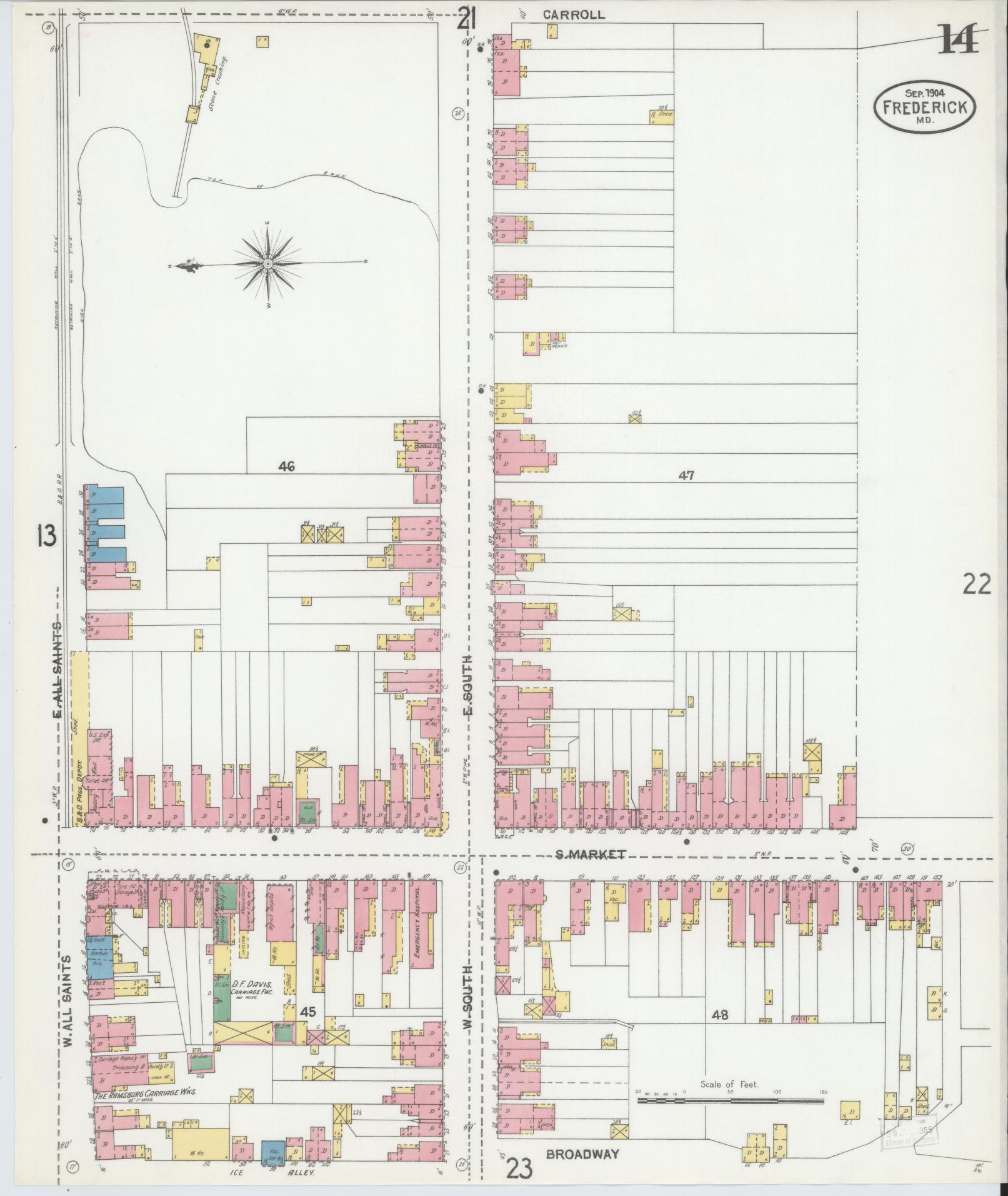 Sanborn Fire Insurance Map from Frederick, Frederick County, Maryland (1904), Sheet #0014 - Historic Sanborn Fire Insurance Map Print, vintage old map wall art, antique decor, genealogy gift, Maryland Maryland map