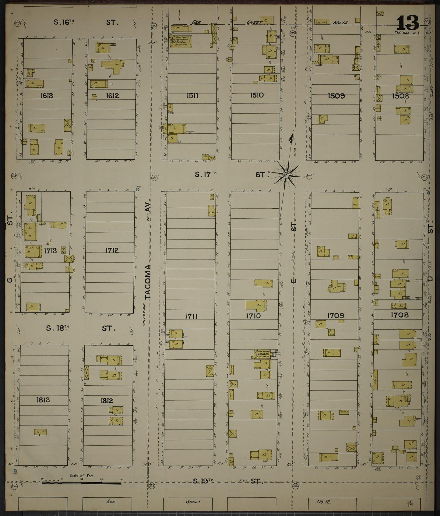 Sanborn Fire Insurance Map from Tacoma, Pierce County, Washington (1888), Sheet #0013 - Complete Map Set gallery image, historic Sanborn map, vintage wall art, Washington Washington