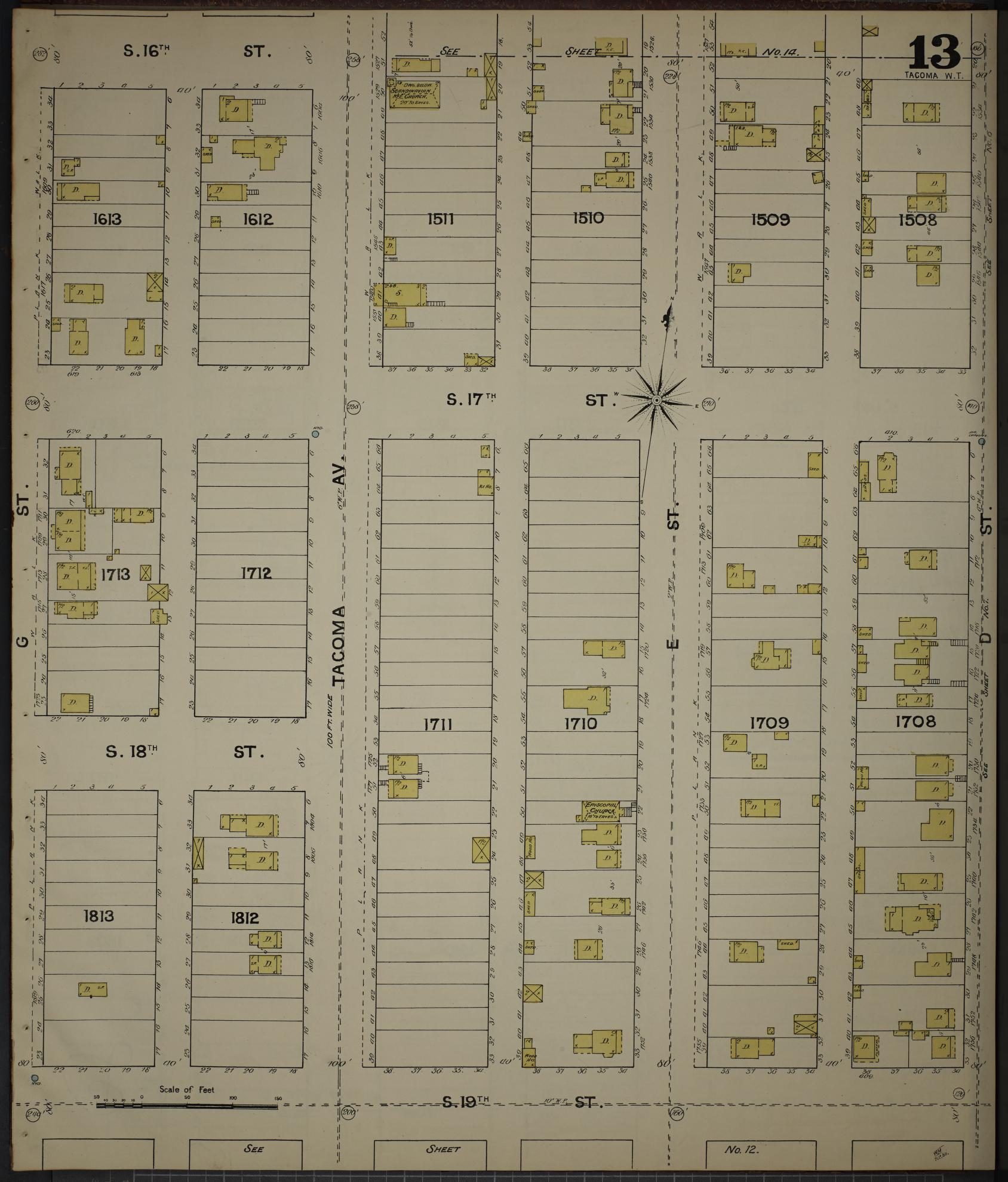 Sanborn Fire Insurance Map from Tacoma, Pierce County, Washington (1888), Sheet #0013 - Complete Map Set gallery image, historic Sanborn map, vintage wall art, Washington Washington