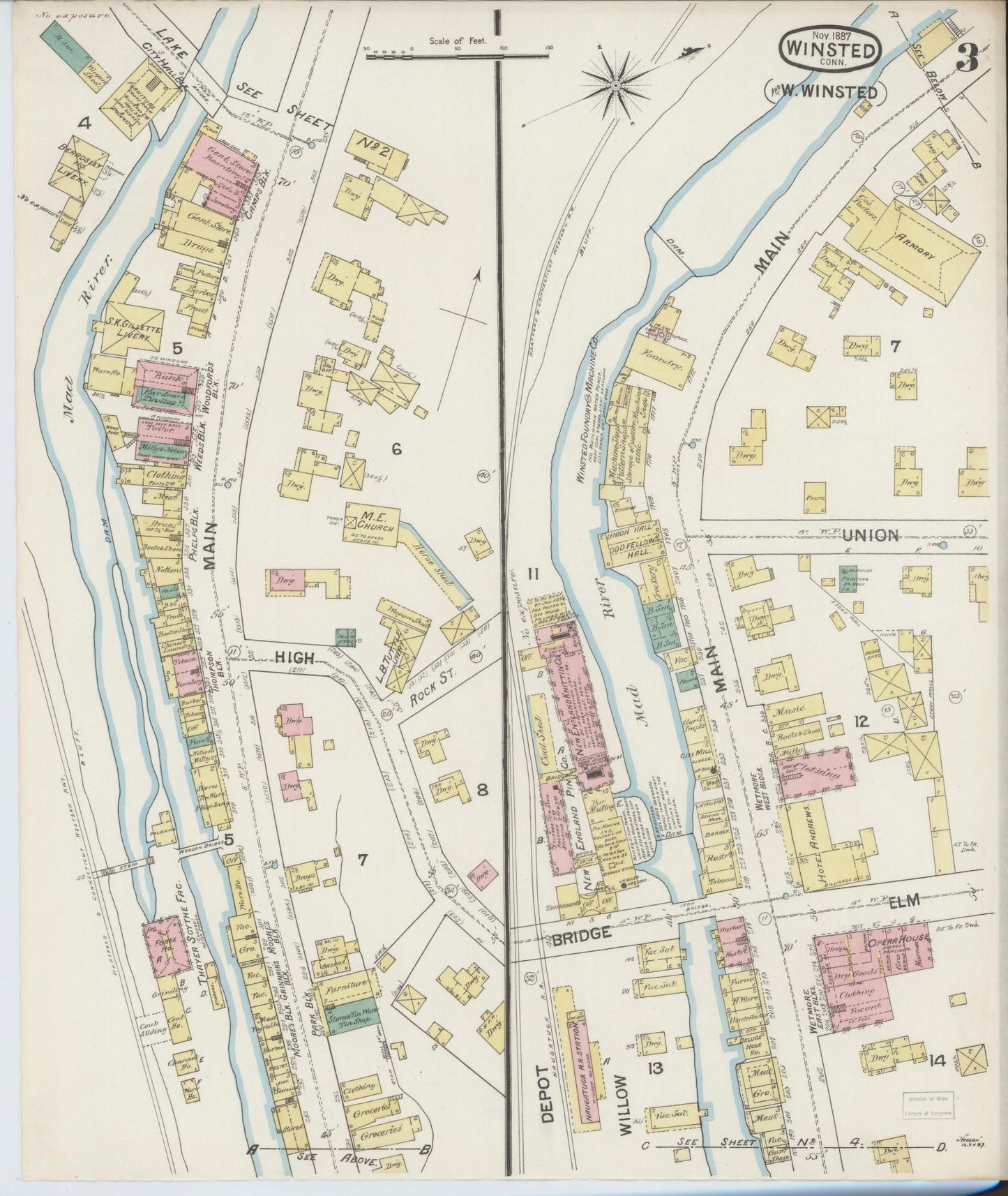 Sanborn Fire Insurance Map from Winsted, Litchfield County, Connecticut (1887), Sheet #0003 - Complete Map Set gallery image, historic Sanborn map, vintage wall art, Connecticut Connecticut