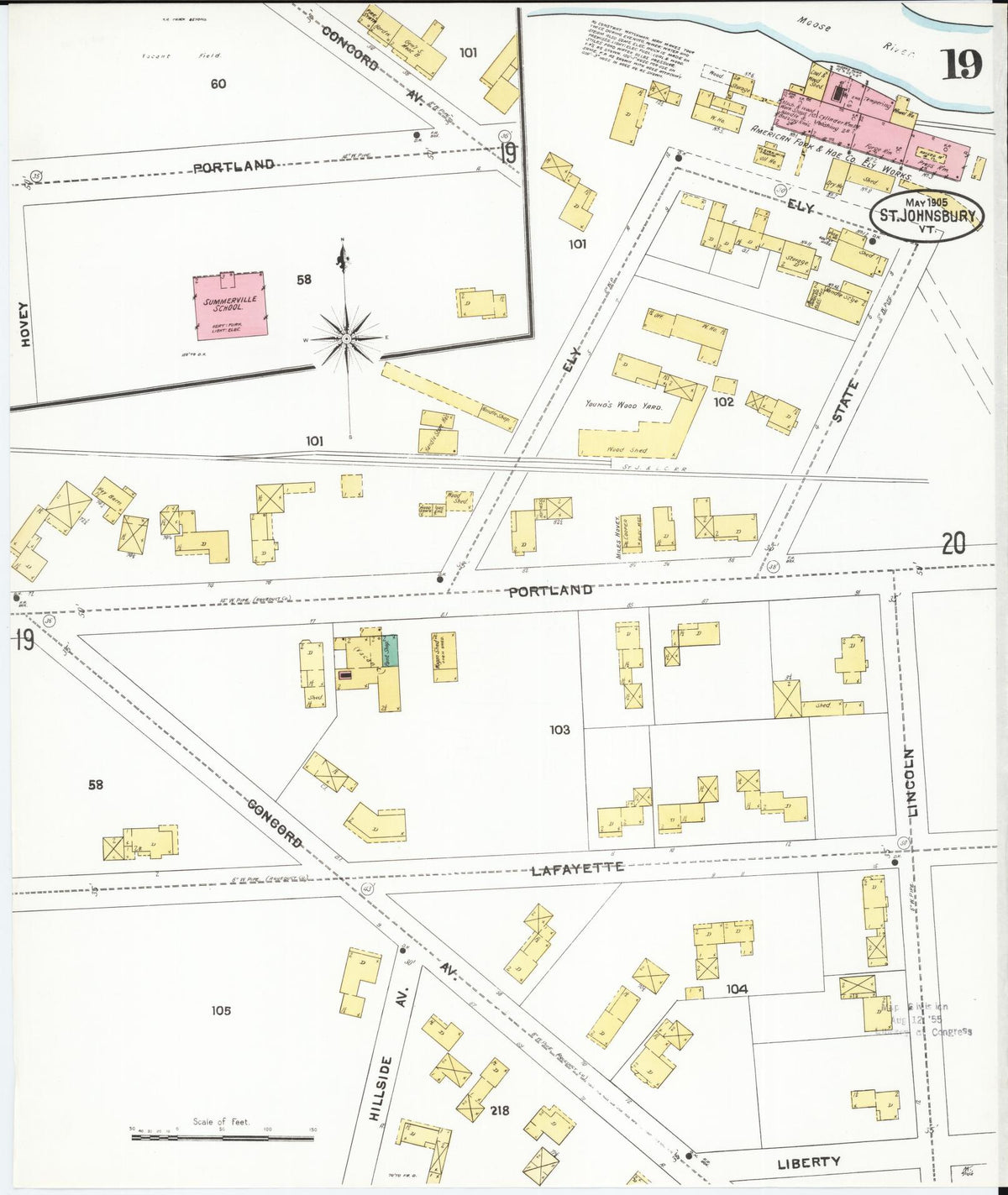 Sanborn Fire Insurance Map from Saint Johnsbury, Caledonia County, Vermont (1905), Sheet #0019 - Historic Sanborn Fire Insurance Map Print, vintage old map wall art, antique decor, genealogy gift, Vermont Vermont map