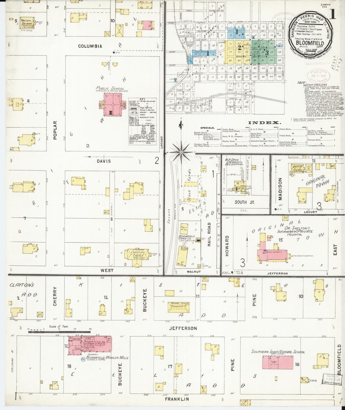 Sanborn Fire Insurance Map from Bloomfield, Davis County, Iowa (1898), Sheet #0001 - Historic Sanborn Fire Insurance Map Print, vintage old map wall art
