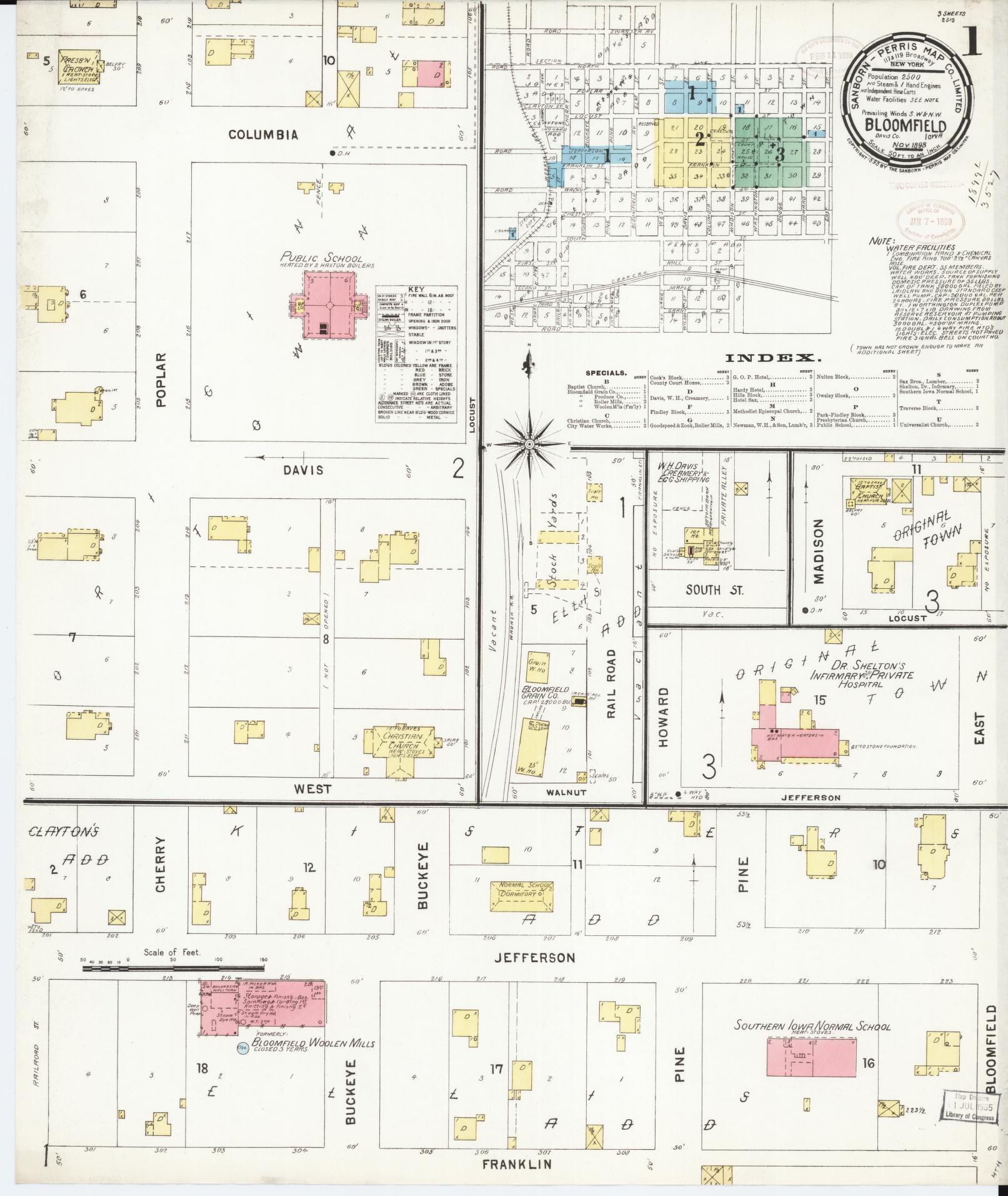 Sanborn Fire Insurance Map from Bloomfield, Davis County, Iowa (1898), Sheet #0001 - Historic Sanborn Fire Insurance Map Print, vintage old map wall art