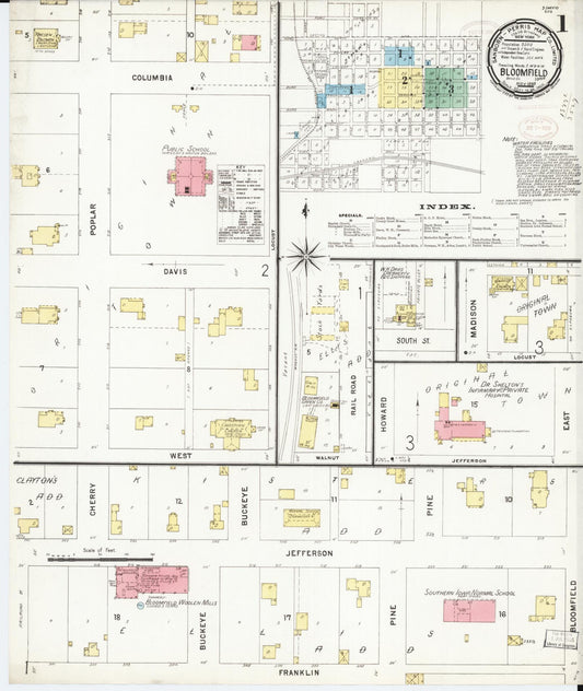 Sanborn Fire Insurance Map from Bloomfield, Davis County, Iowa (1898), Sheet #0001 - Historic Sanborn Fire Insurance Map Print, vintage old map wall art