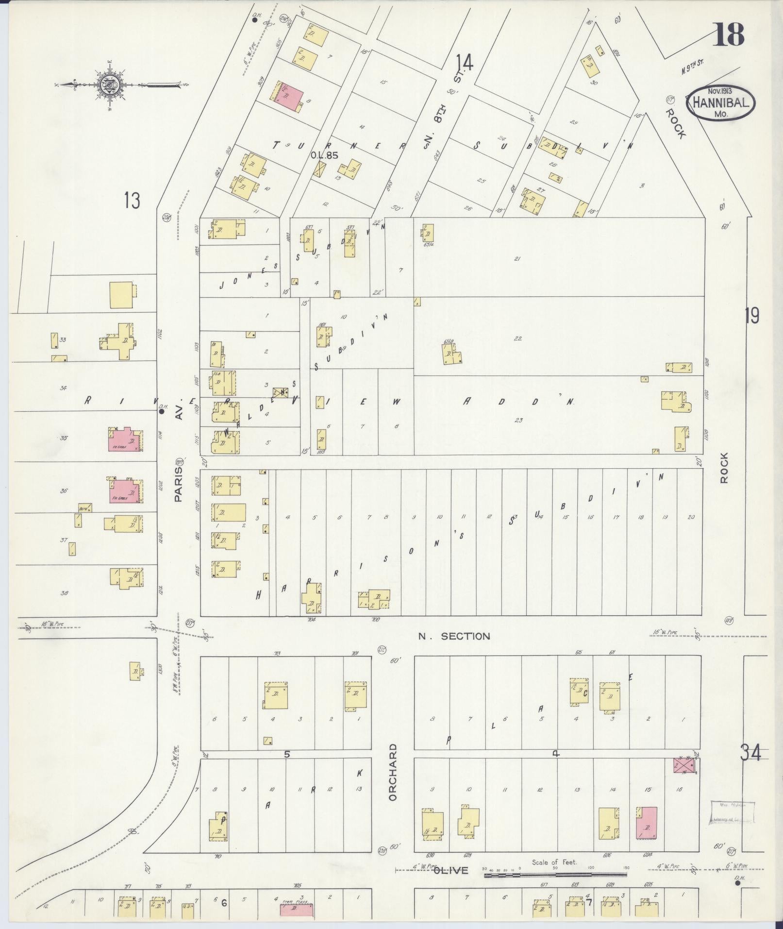 Sanborn Fire Insurance Map from Hannibal, Marion County, Missouri (1913), Sheet #0018 - Historic Sanborn Fire Insurance Map Print, vintage old map wall art, antique decor, genealogy gift, Missouri Missouri map