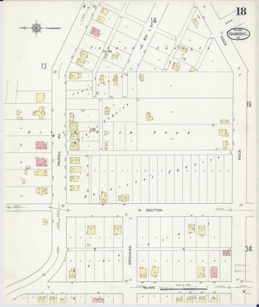 Sanborn Fire Insurance Map from Hannibal, Marion County, Missouri (1913), Sheet #0018 - Historic Sanborn Fire Insurance Map Print, vintage old map wall art, antique decor, genealogy gift, Missouri Missouri map