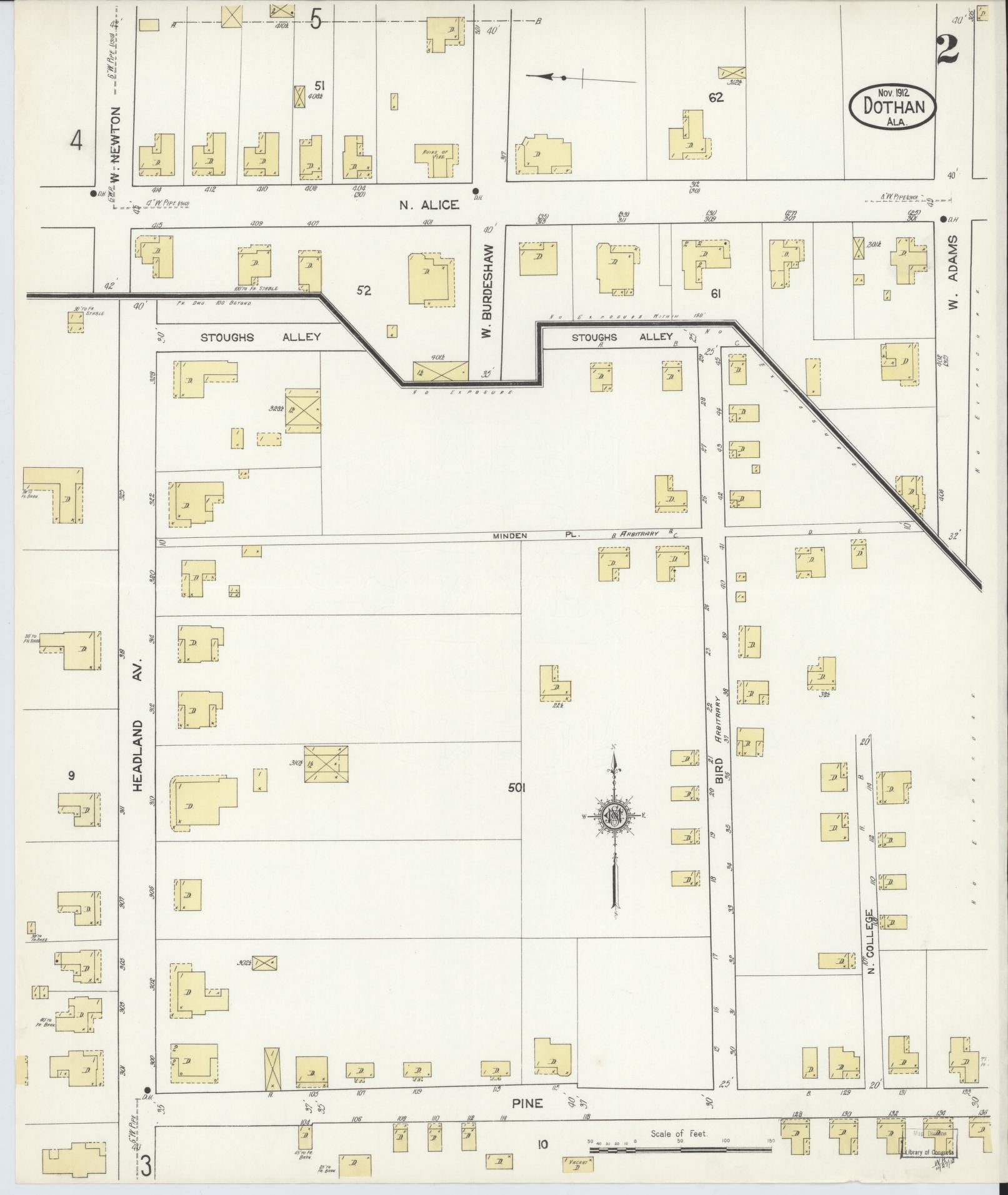Sanborn Fire Insurance Map from Dothan, Houston County, Alabama (1912), Sheet #0002 - Complete Map Set gallery image, historic Sanborn map, vintage wall art, Alabama Alabama