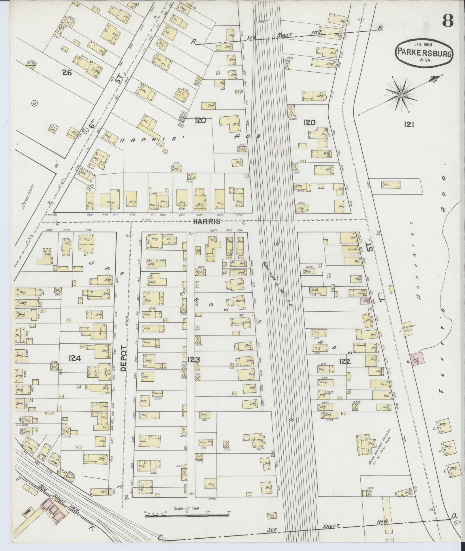 Sanborn Fire Insurance Map from Parkersburg, Wood County, West Virginia (1889), Sheet #0008 - Historic Sanborn Fire Insurance Map Print, vintage old map wall art, antique decor, genealogy gift, West Virginia West Virginia map