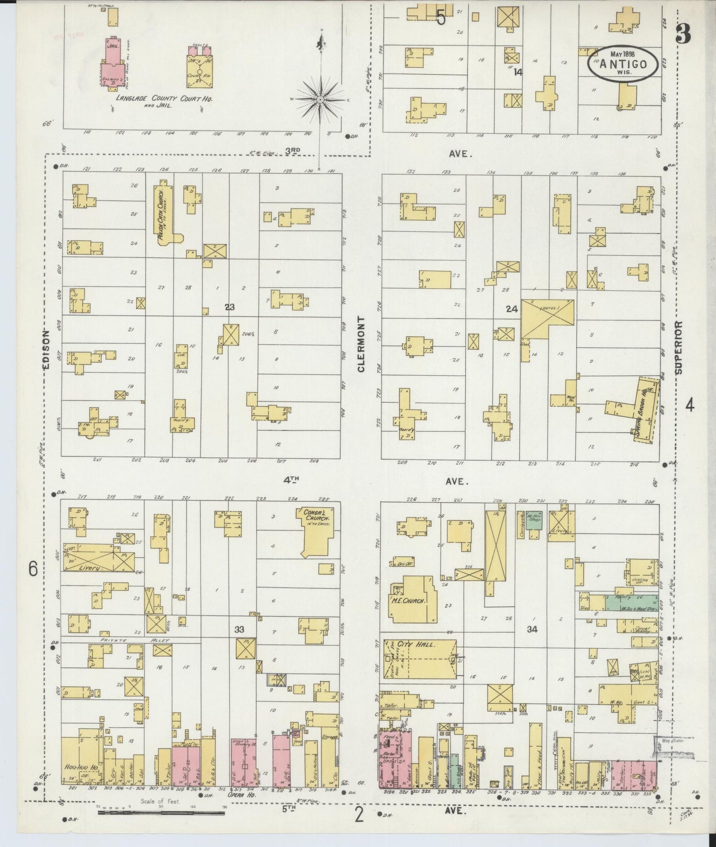 Sanborn Fire Insurance Map from Antigo, Langlade County, Wisconsin (1898), Sheet #0003 - Historic Sanborn Fire Insurance Map Print, vintage old map wall art, antique decor, genealogy gift, Wisconsin Wisconsin map