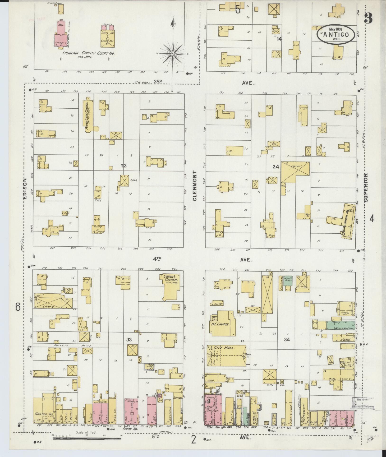 Sanborn Fire Insurance Map from Antigo, Langlade County, Wisconsin (1898), Sheet #0003 - Historic Sanborn Fire Insurance Map Print, vintage old map wall art, antique decor, genealogy gift, Wisconsin Wisconsin map