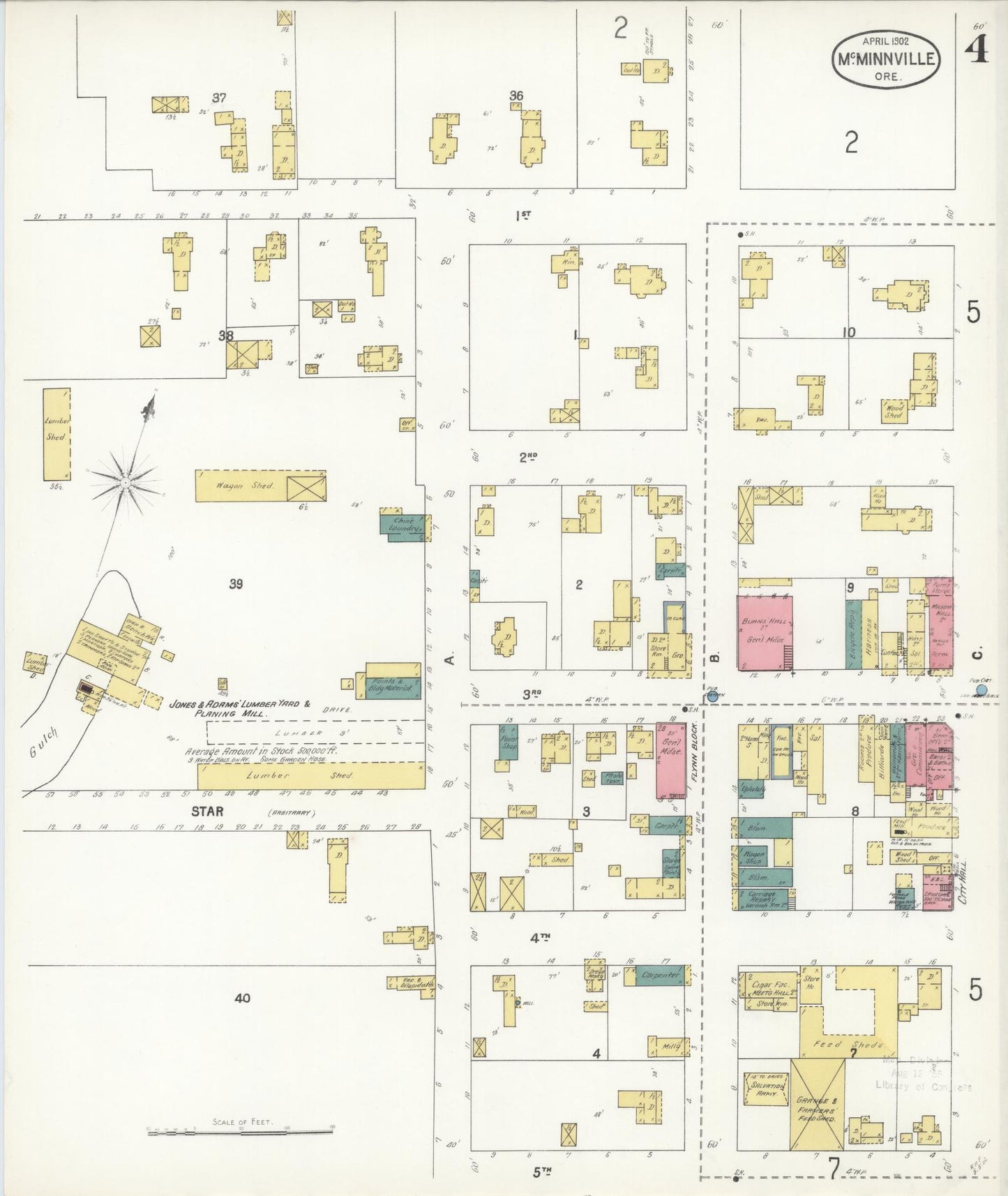 Sanborn Fire Insurance Map from McMinnville, Yamhill County, Oregon (1902), Sheet #0004 - Complete Map Set gallery image, historic Sanborn map, vintage wall art, Oregon Oregon