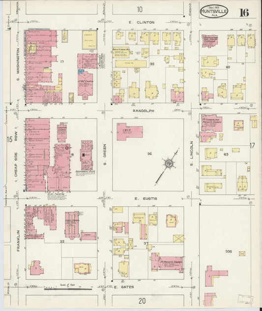 Sanborn Fire Insurance Map from Huntsville, Madison County, Alabama (1913), Sheet #0016 - Historic Sanborn Fire Insurance Map Print, vintage old map wall art, antique decor, genealogy gift, Alabama Alabama map