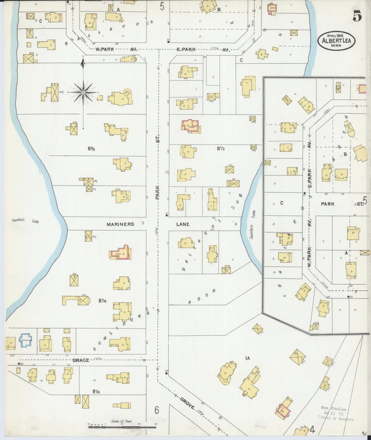 Sanborn Fire Insurance Map from Albert Lea, Freeborn County, Minnesota (1905), Sheet #0005 - Historic Sanborn Fire Insurance Map Print, vintage old map wall art, antique decor, genealogy gift, Minnesota Minnesota map