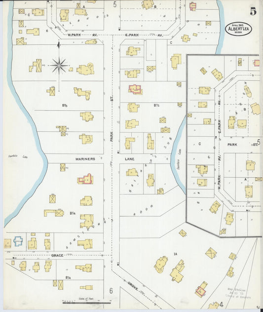 Sanborn Fire Insurance Map from Albert Lea, Freeborn County, Minnesota (1905), Sheet #0005 - Historic Sanborn Fire Insurance Map Print, vintage old map wall art, antique decor, genealogy gift, Minnesota Minnesota map
