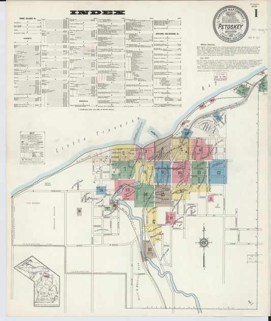 Sanborn Fire Insurance Map from Petoskey, Emmet County, Michigan (1913), Sheet #0001 - Historic Sanborn Fire Insurance Map Print, vintage old map wall art, antique decor, genealogy gift, Michigan Michigan map