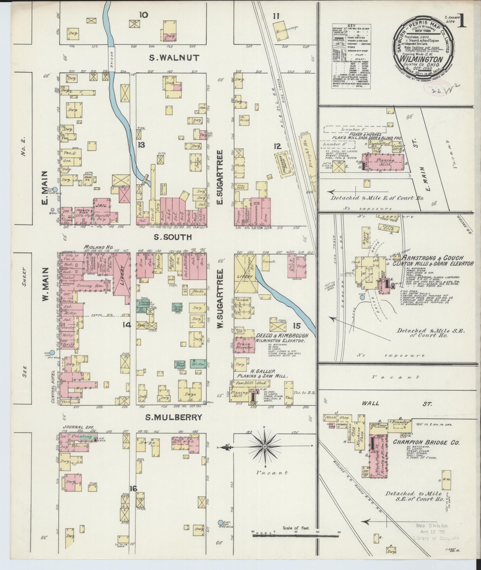 Sanborn Fire Insurance Map from Wilmington, Clinton County, Ohio (1890), Sheet #0001 - Historic Sanborn Fire Insurance Map Print, vintage old map wall art, antique decor, genealogy gift, Ohio Ohio map