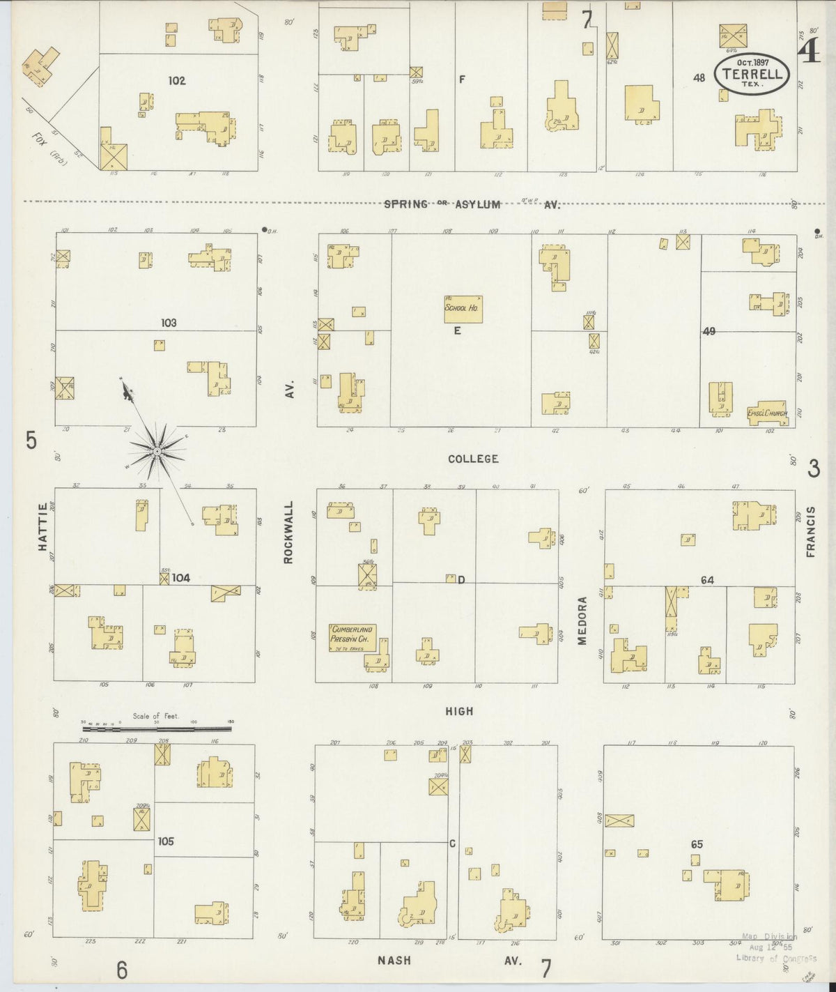Sanborn Fire Insurance Map from Terrell, Kaufman County, Texas (1897), Sheet #0004 - Complete Map Set gallery image, historic Sanborn map, vintage wall art, Texas Texas