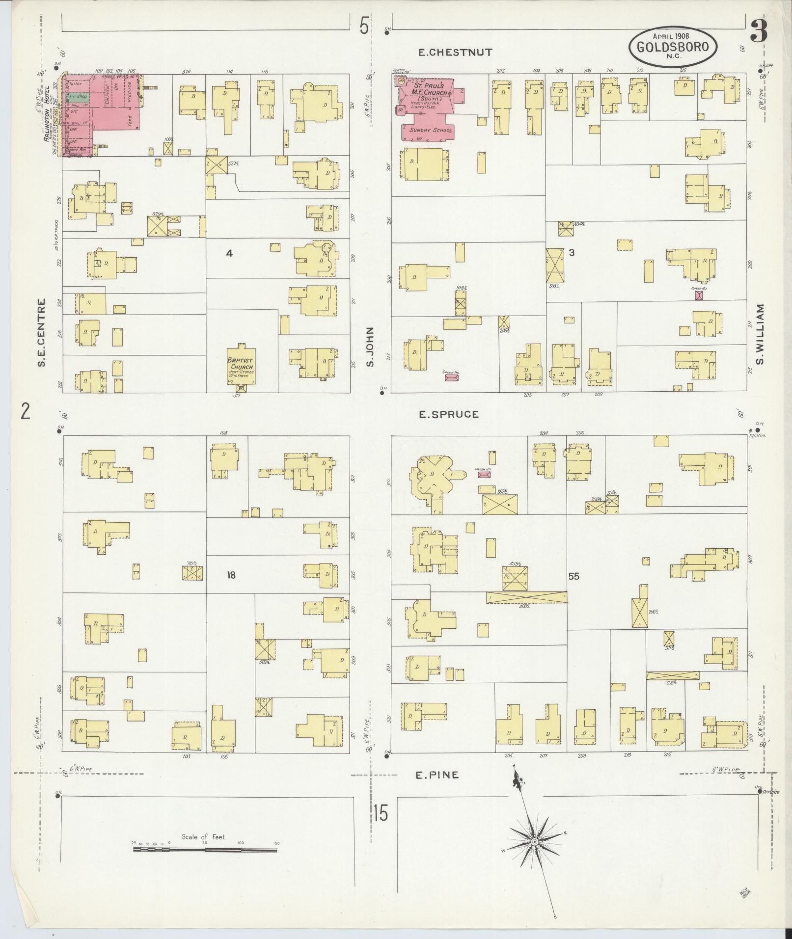 Sanborn Fire Insurance Map from Goldsboro, Wayne County, North Carolina (1908), Sheet #0003 - Historic Sanborn Fire Insurance Map Print, vintage old map wall art, antique decor, genealogy gift, North Carolina North Carolina map