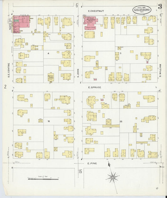 Sanborn Fire Insurance Map from Goldsboro, Wayne County, North Carolina (1908), Sheet #0003 - Historic Sanborn Fire Insurance Map Print, vintage old map wall art, antique decor, genealogy gift, North Carolina North Carolina map