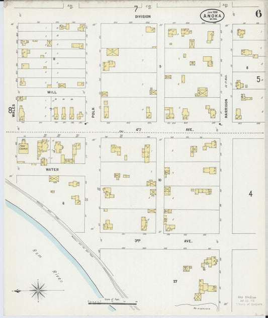 Sanborn Fire Insurance Map from Anoka, Anoka County, Minnesota (1898), Sheet #0006 - Historic Sanborn Fire Insurance Map Print, vintage old map wall art, antique decor, genealogy gift, Minnesota Minnesota map