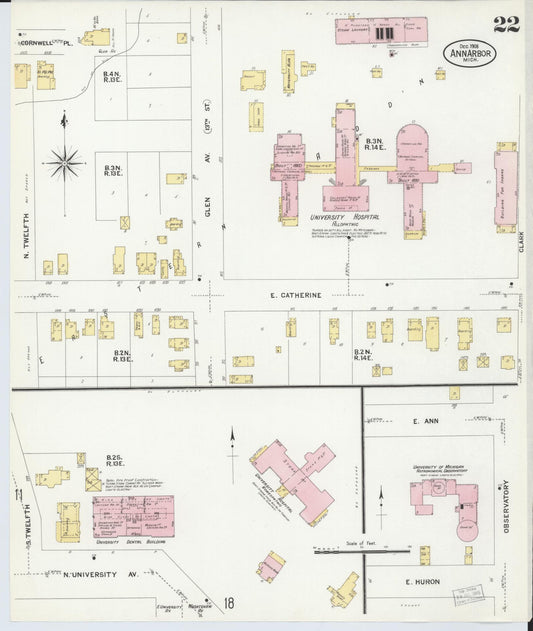 Sanborn Fire Insurance Map from Ann Arbor, Washtenaw County, Michigan (1908), Sheet #0022 - Historic Sanborn Fire Insurance Map Print, vintage old map wall art, antique decor, genealogy gift, Michigan Michigan map