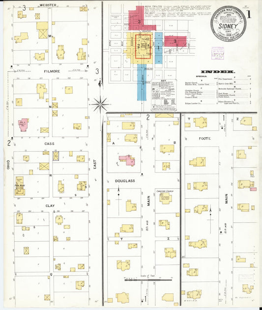 Sanborn Fire Insurance Map from Sidney, Fremont County, Iowa (1908), Sheet #0001 - Historic Sanborn Fire Insurance Map Print
