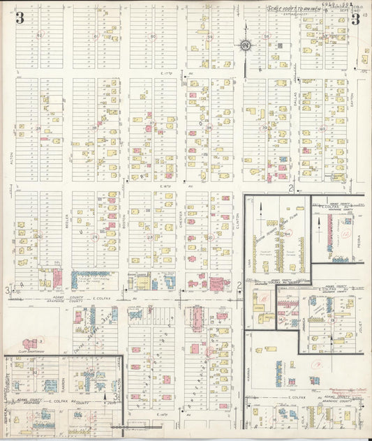 Sanborn Fire Insurance Map from Aurora, Adams And Arapahoe Counties, Colorado (1942), Sheet #0003 - Historic Sanborn Fire Insurance Map Print, vintage old map wall art, antique decor, genealogy gift, Colorado Colorado map