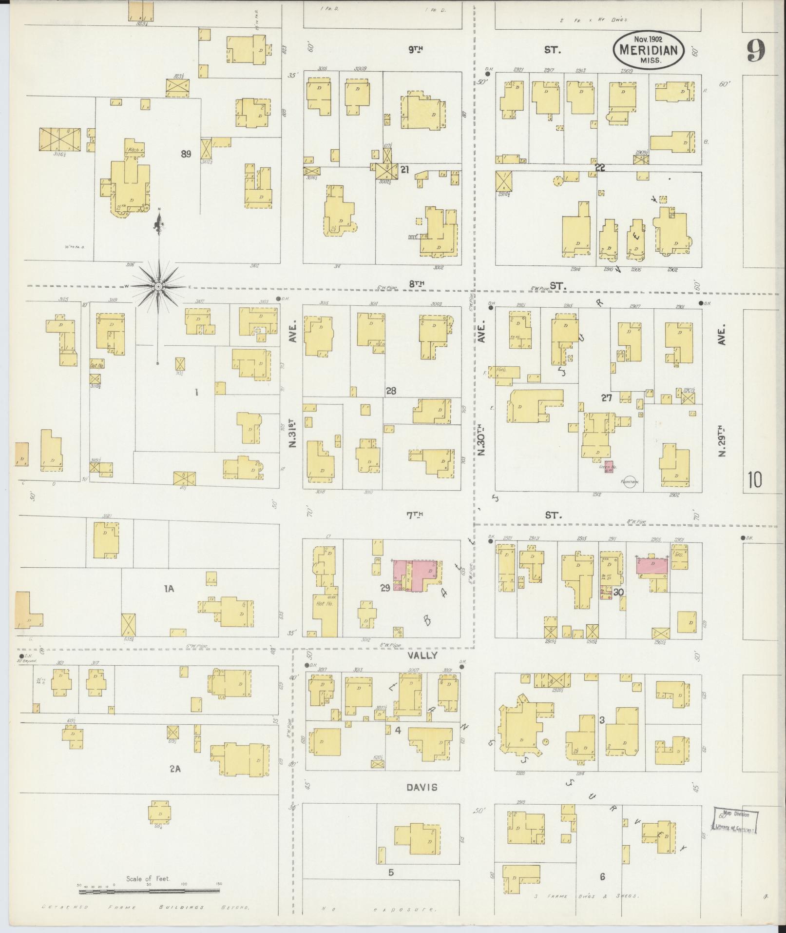 Sanborn Fire Insurance Map from Meridian, Lauderdale County, Mississippi (1902), Sheet #0009 - Complete Map Set gallery image, historic Sanborn map, vintage wall art, Mississippi Mississippi
