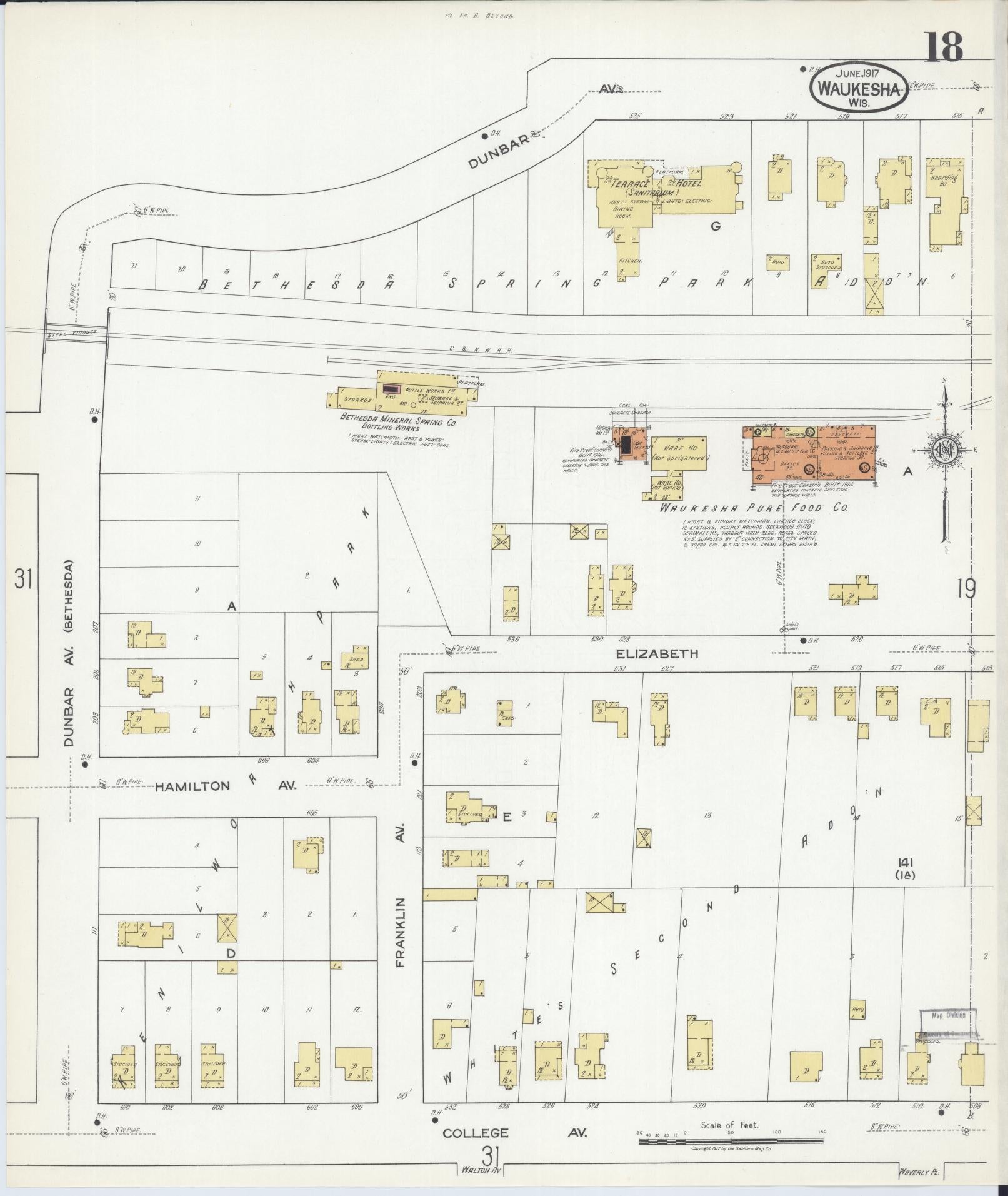 Sanborn Fire Insurance Map from Waukesha, Waukesha County, Wisconsin (1917), Sheet #0018 - Historic Sanborn Fire Insurance Map Print, vintage old map wall art, antique decor, genealogy gift, Wisconsin Wisconsin map