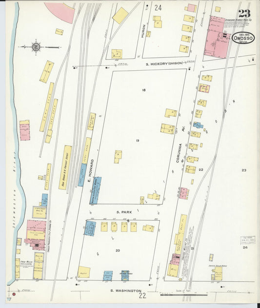 Sanborn Fire Insurance Map from Owosso, Shiawassee County, Michigan (1915), Sheet #0023 - Historic Sanborn Fire Insurance Map Print, vintage old map wall art, antique decor, genealogy gift, Michigan Michigan map