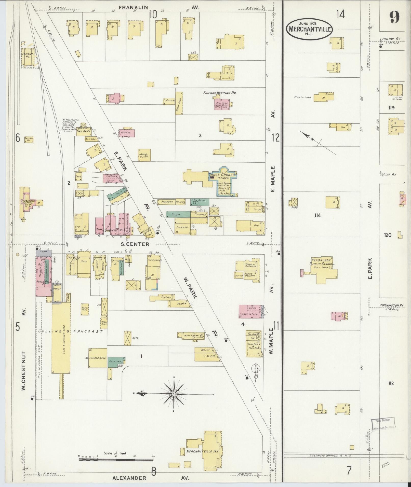 Sanborn Fire Insurance Map from Merchantville, Camden County, New Jersey (1908), Sheet #0009 - Historic Sanborn Fire Insurance Map Print, vintage old map wall art, antique decor, genealogy gift, New Jersey New Jersey map