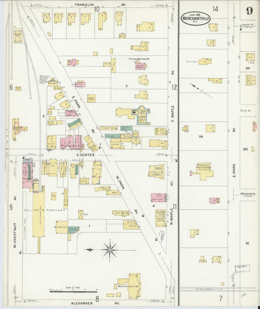 Sanborn Fire Insurance Map from Merchantville, Camden County, New Jersey (1908), Sheet #0009 - Historic Sanborn Fire Insurance Map Print, vintage old map wall art, antique decor, genealogy gift, New Jersey New Jersey map