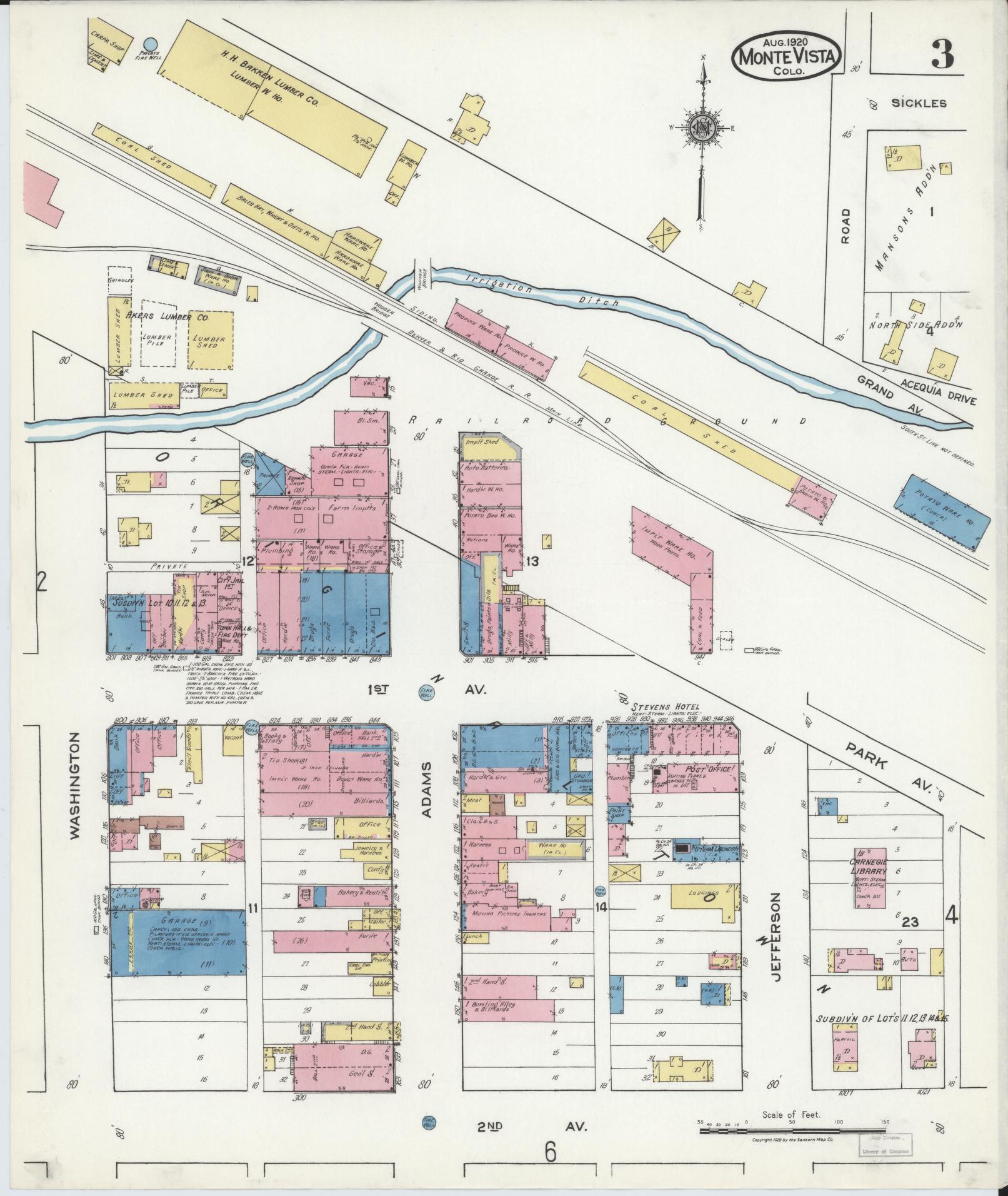 Sanborn Fire Insurance Map from Monte Vista, Rio Grande County, Colorado (1920), Sheet #0003 - Complete Map Set gallery image, historic Sanborn map, vintage wall art, Colorado Colorado