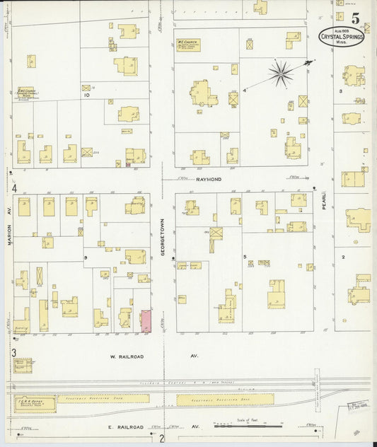 Sanborn Fire Insurance Map from Crystal Springs, Copiah County, Mississippi (1909), Sheet #0005 - Historic Sanborn Fire Insurance Map Print, vintage old map wall art, antique decor, genealogy gift, Mississippi Mississippi map