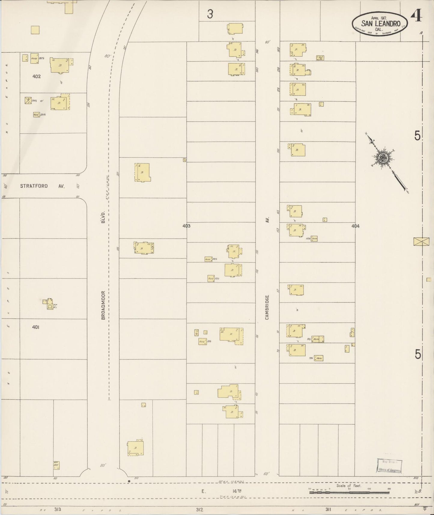 Sanborn Fire Insurance Map from San Leandro, Alameda County, California (1917), Sheet #0004 - Complete Map Set gallery image, historic Sanborn map, vintage wall art, California California
