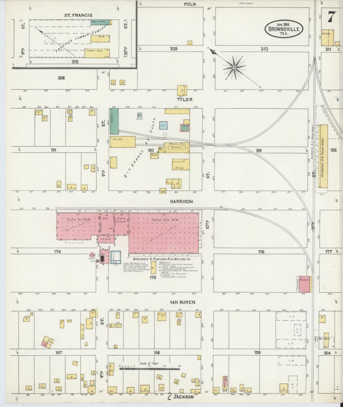 Sanborn Fire Insurance Map from Brownsville, Cameron County, Texas (1906), Sheet #0007 - Historic Sanborn Fire Insurance Map Print, vintage old map wall art, antique decor, genealogy gift, Texas Texas map