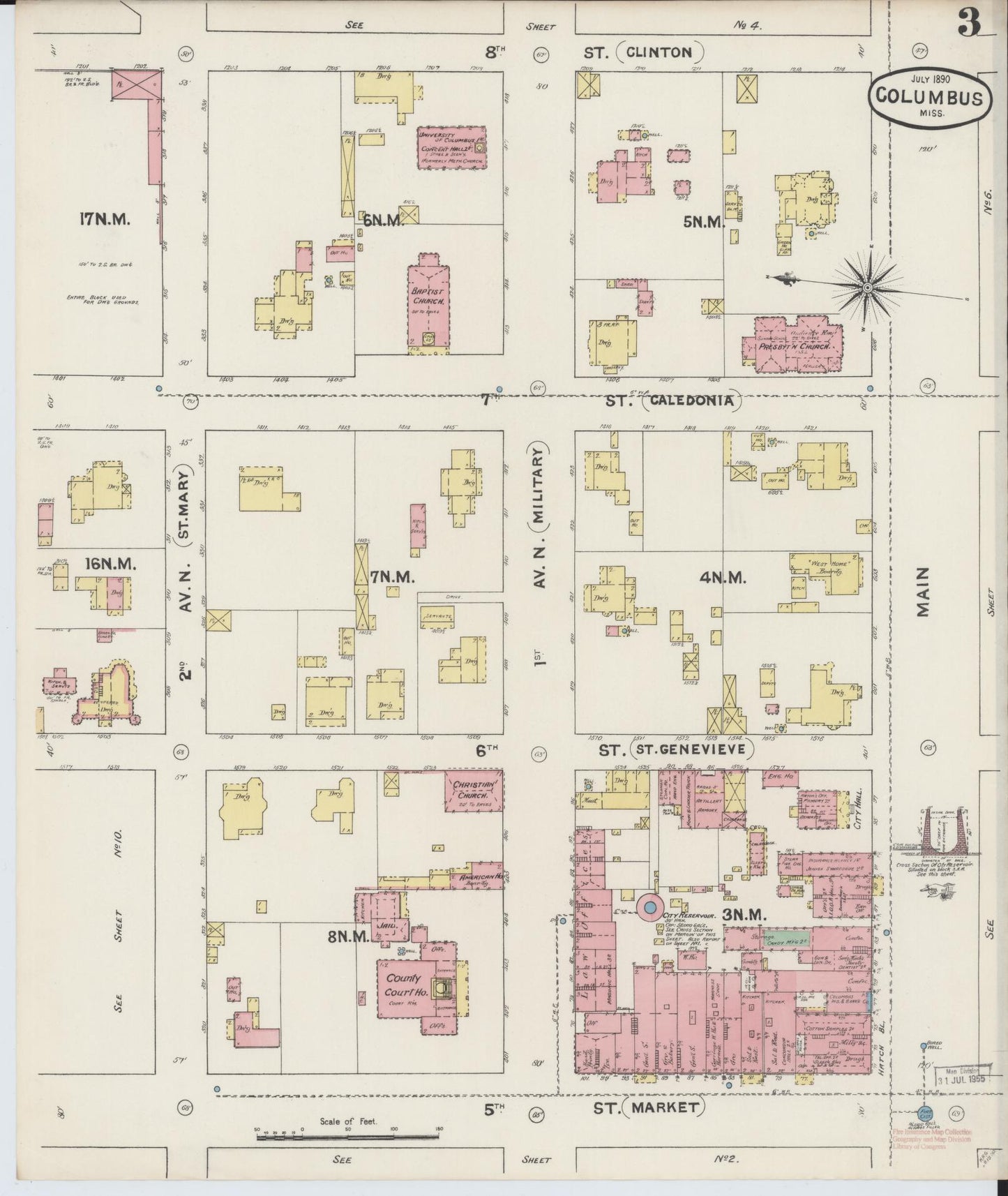 Sanborn Fire Insurance Map from Columbus, Lowndes County, Mississippi (1890), Sheet #0003 - Complete Map Set gallery image, historic Sanborn map, vintage wall art, Mississippi Mississippi