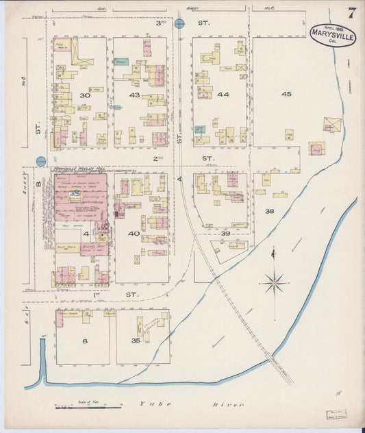Sanborn Fire Insurance Map from Marysville, Yuba County, California (1885), Sheet #0007 - Historic Sanborn Fire Insurance Map Print, vintage old map wall art, antique decor, genealogy gift, California California map