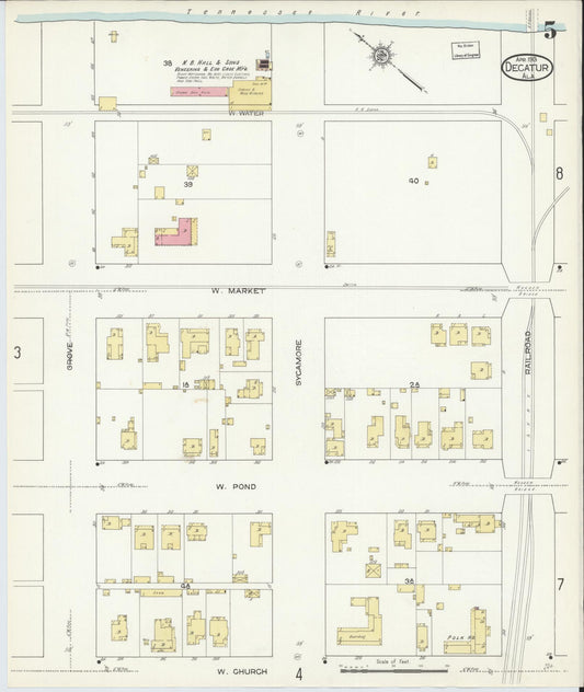 Sanborn Fire Insurance Map from Decatur, Morgan County, Alabama (1913), Sheet #0005 - Historic Sanborn Fire Insurance Map Print, vintage old map wall art, antique decor, genealogy gift, Alabama Alabama map