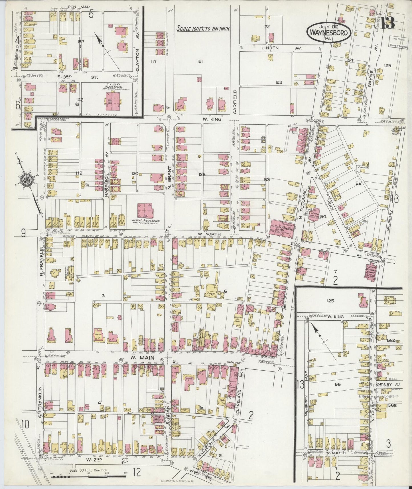 Sanborn Fire Insurance Map from Waynesboro, Franklin County, Pennsylvania (1916), Sheet #0013 - Complete Map Set gallery image, historic Sanborn map, vintage wall art, Pennsylvania Pennsylvania