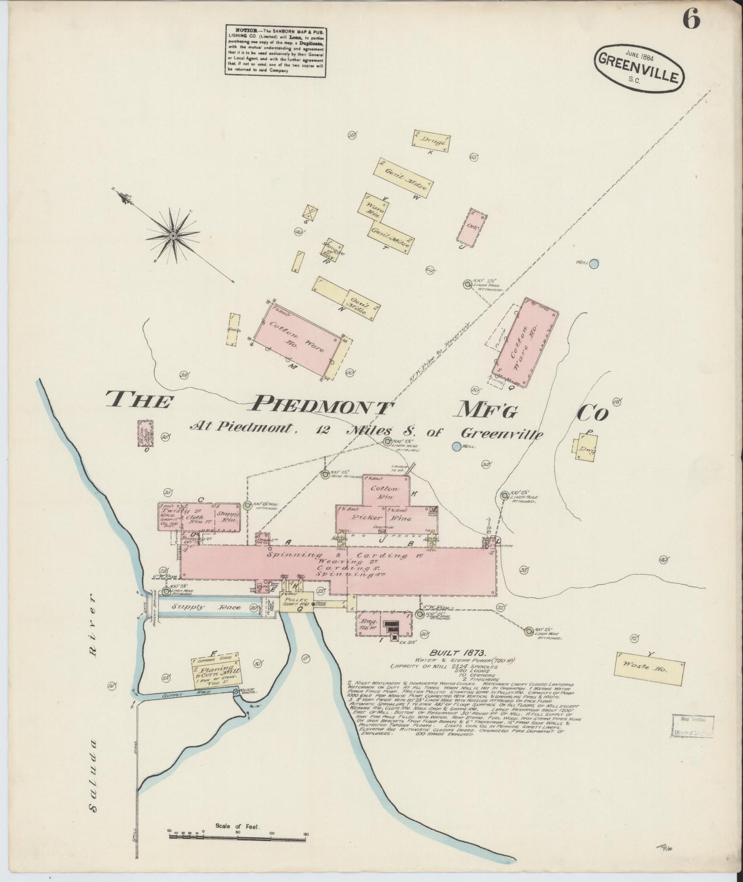 Sanborn Fire Insurance Map from Greenville, Greenville County, South Carolina (1884), Sheet #0006 - Historic Sanborn Fire Insurance Map Print, vintage old map wall art, antique decor, genealogy gift, South Carolina South Carolina map