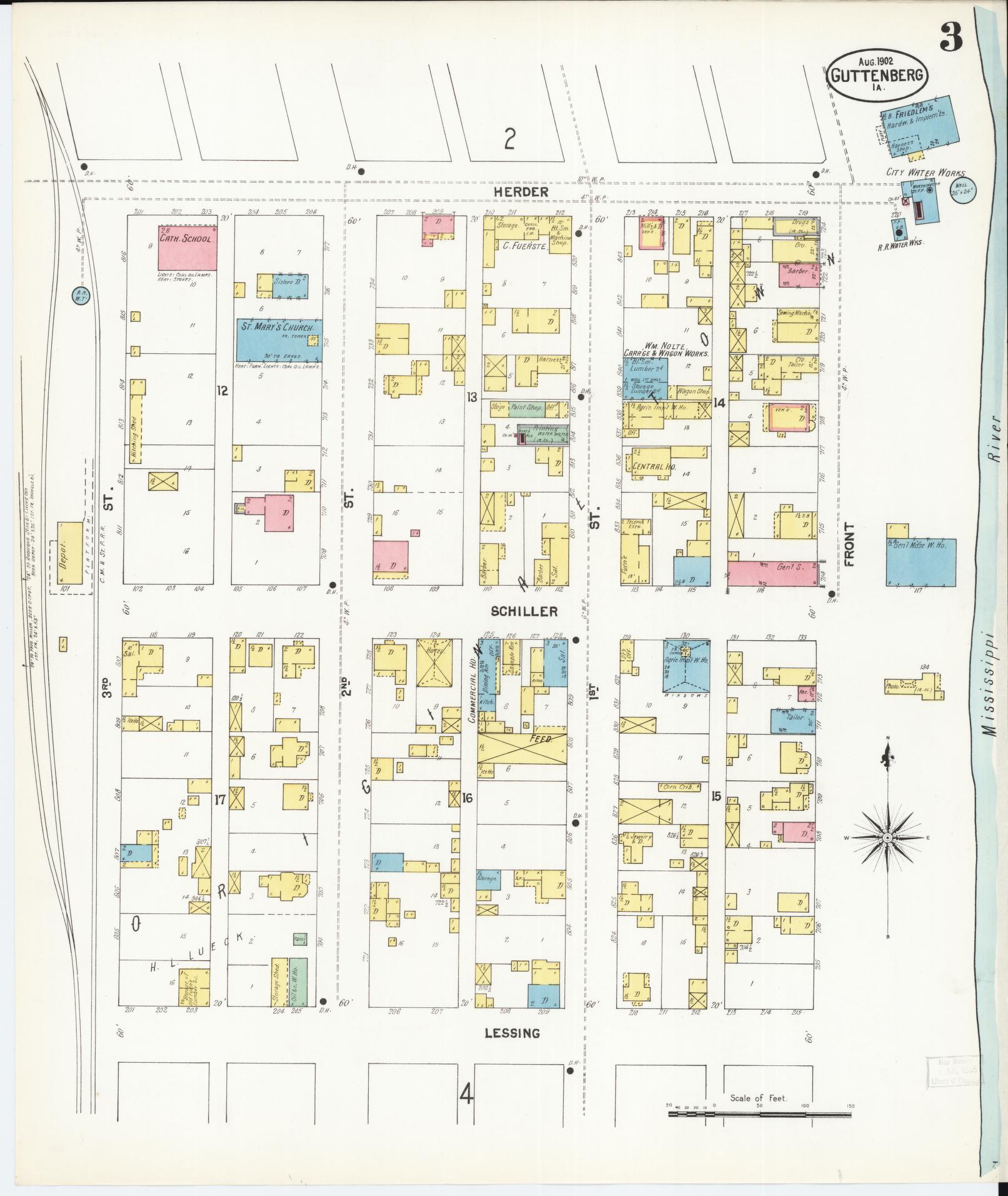 Sanborn Fire Insurance Map from Guttenberg, Clayton County, Iowa (1902), Sheet #0003 - Historic Sanborn Fire Insurance Map Print, vintage old map wall art