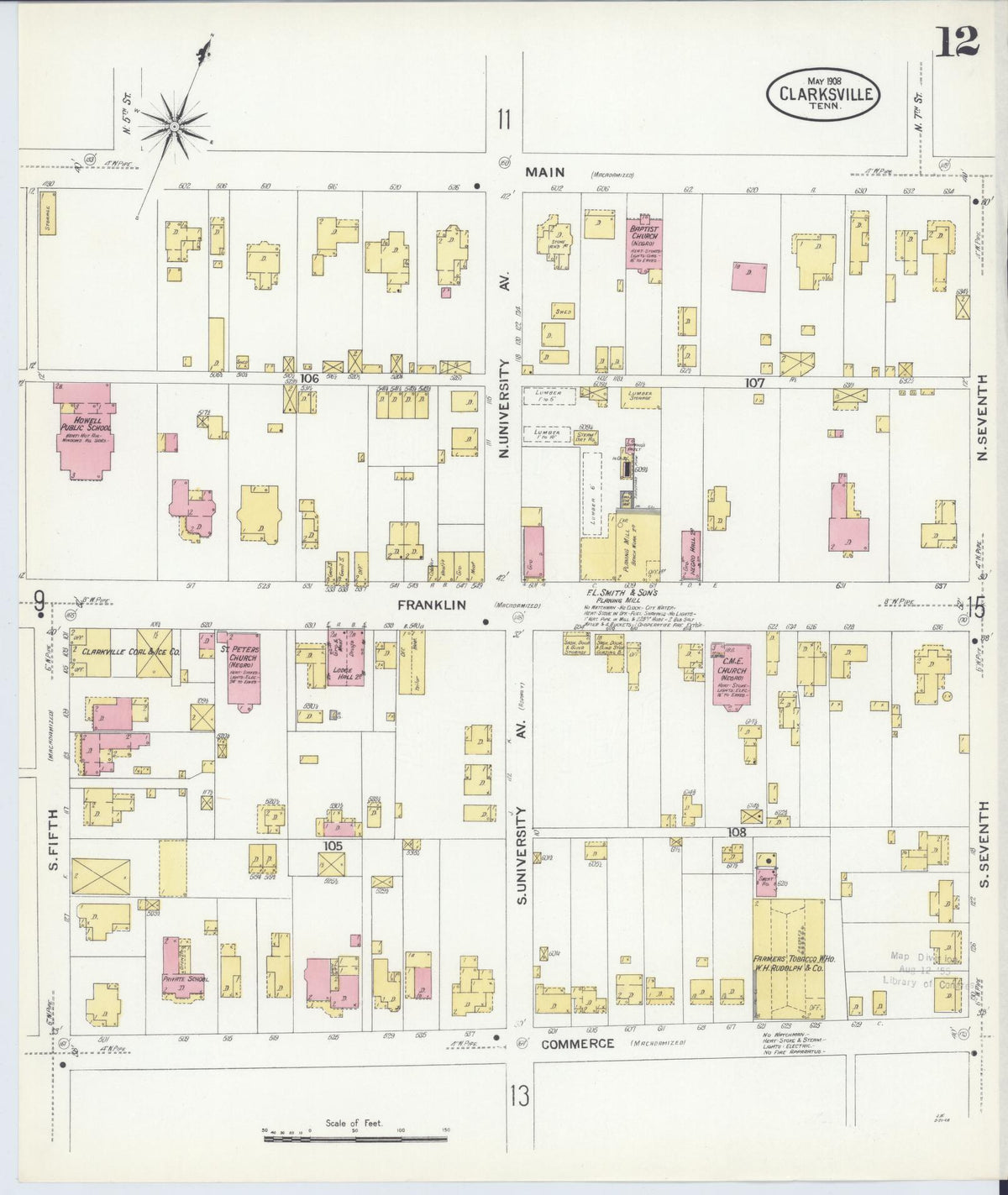 Sanborn Fire Insurance Map from Clarksville, Montgomery County, Tennessee (1908), Sheet #0012 - Complete Map Set gallery image, historic Sanborn map, vintage wall art, Tennessee Tennessee