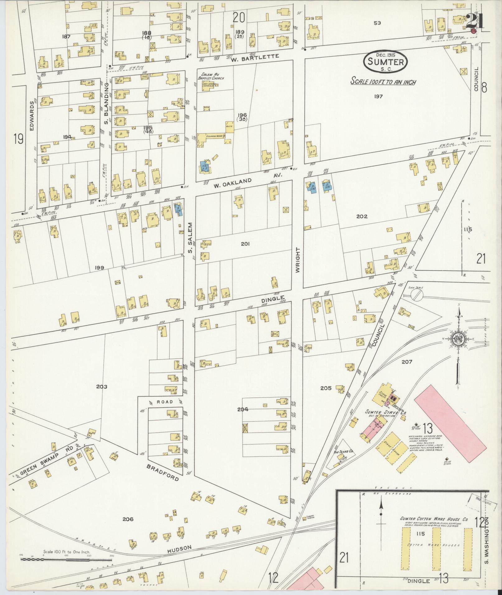 Sanborn Fire Insurance Map from Sumter, Sumter County, South Carolina (1915), Sheet #0021 - Historic Sanborn Fire Insurance Map Print, vintage old map wall art, antique decor, genealogy gift, South Carolina South Carolina map