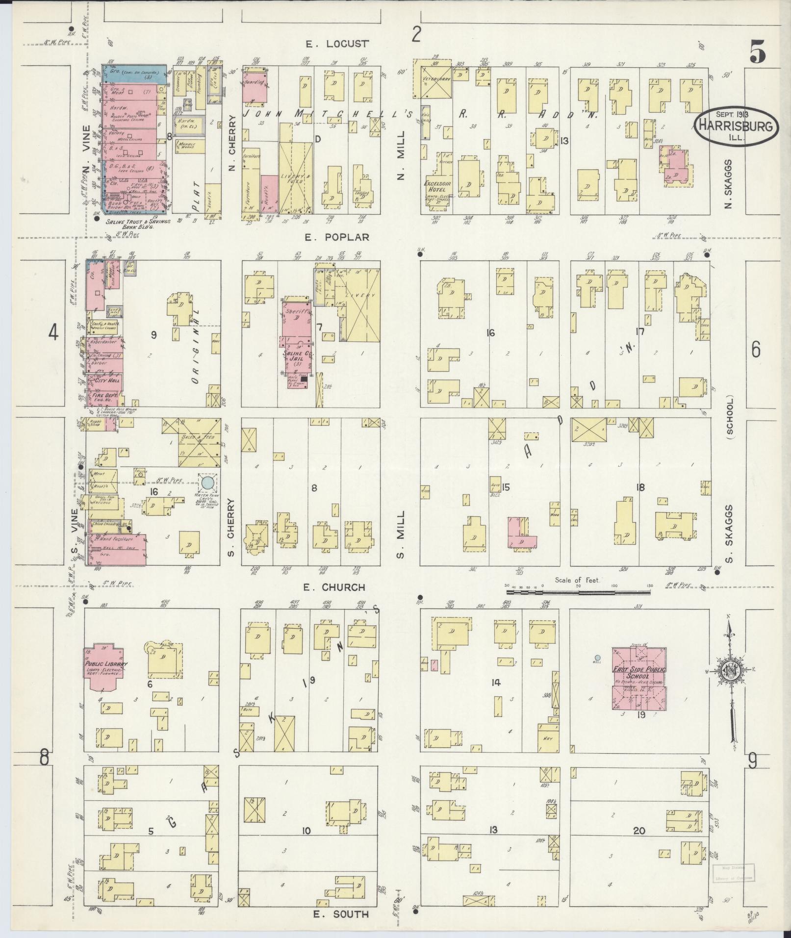Sanborn Fire Insurance Map from Harrisburg, Saline County, Illinois (1913), Sheet #0005 - Historic Sanborn Fire Insurance Map Print, vintage old map wall art, antique decor, genealogy gift, Illinois Illinois map