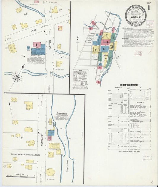 Sanborn Fire Insurance Map from Homer, Cortland County, New York (1907), Sheet #0001 - Historic Sanborn Fire Insurance Map Print, vintage old map wall art, antique decor, genealogy gift, New York New York map