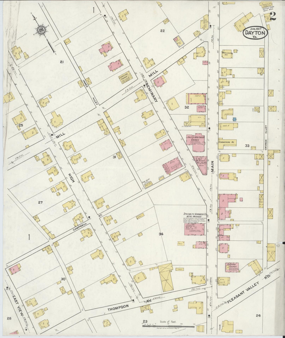 Sanborn Fire Insurance Map from Dayton, Rockingham County, Virginia (1917), Sheet #0002 - Complete Map Set gallery image, historic Sanborn map, vintage wall art, Virginia Virginia