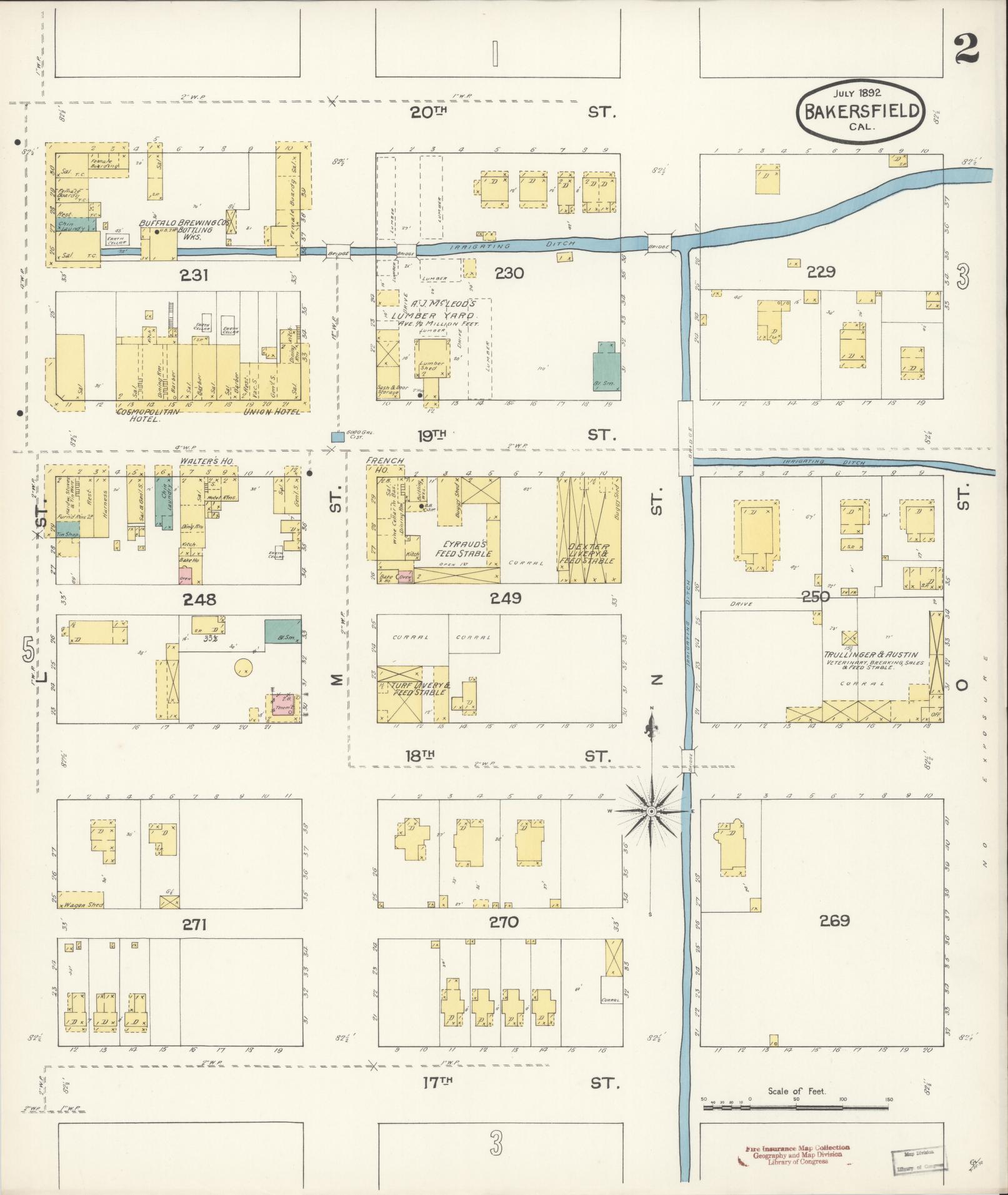 Sanborn Fire Insurance Map from Bakersfield, Kern County, California (1892), Sheet #0002 - Historic Sanborn Fire Insurance Map Print, vintage old map wall art, antique decor, genealogy gift, California California map
