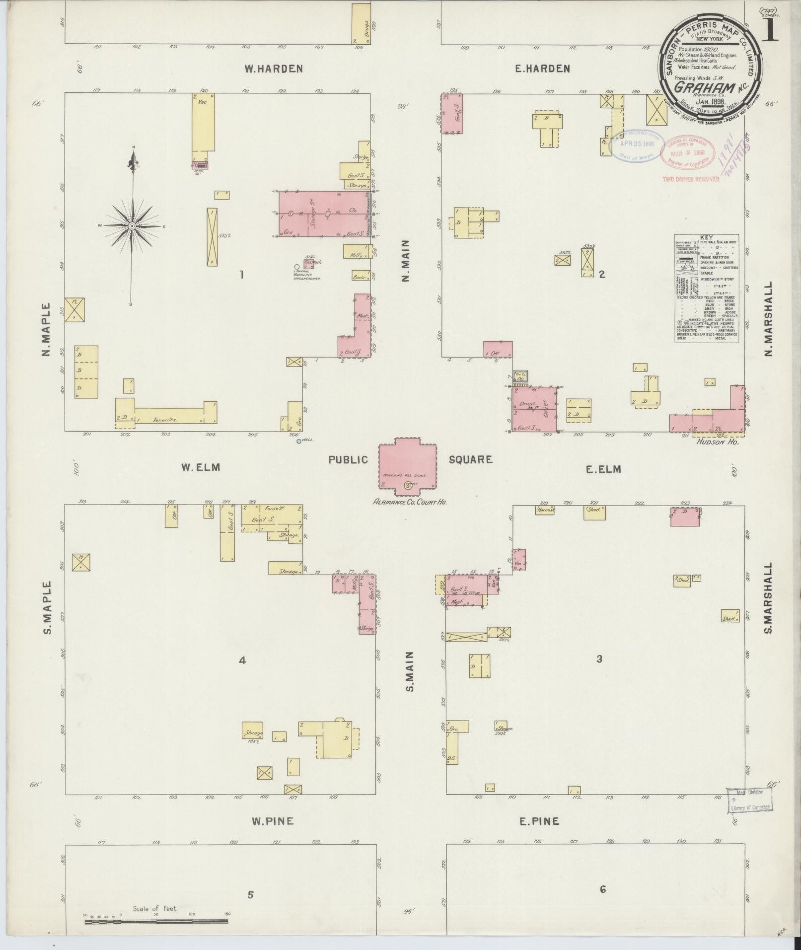 Sanborn Fire Insurance Map from Graham, Alamance County, North Carolina (1898), Sheet #0001 - Historic Sanborn Fire Insurance Map Print, vintage old map wall art, antique decor, genealogy gift, North Carolina North Carolina map