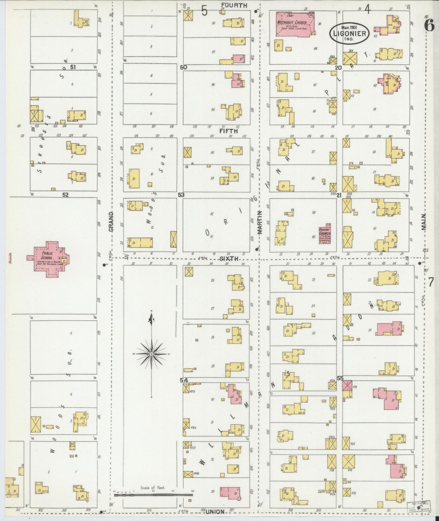 Sanborn Fire Insurance Map from Ligonier, Noble County, Indiana (1901), Sheet #0006 - Complete Map Set gallery image, historic Sanborn map, vintage wall art, Indiana Indiana